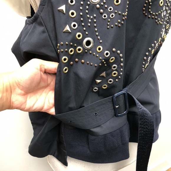 Sacai Grommet Blouse Top Womens Medium Blue White Short Sleeve Belted Edgy Urban - Picture 11 of 12